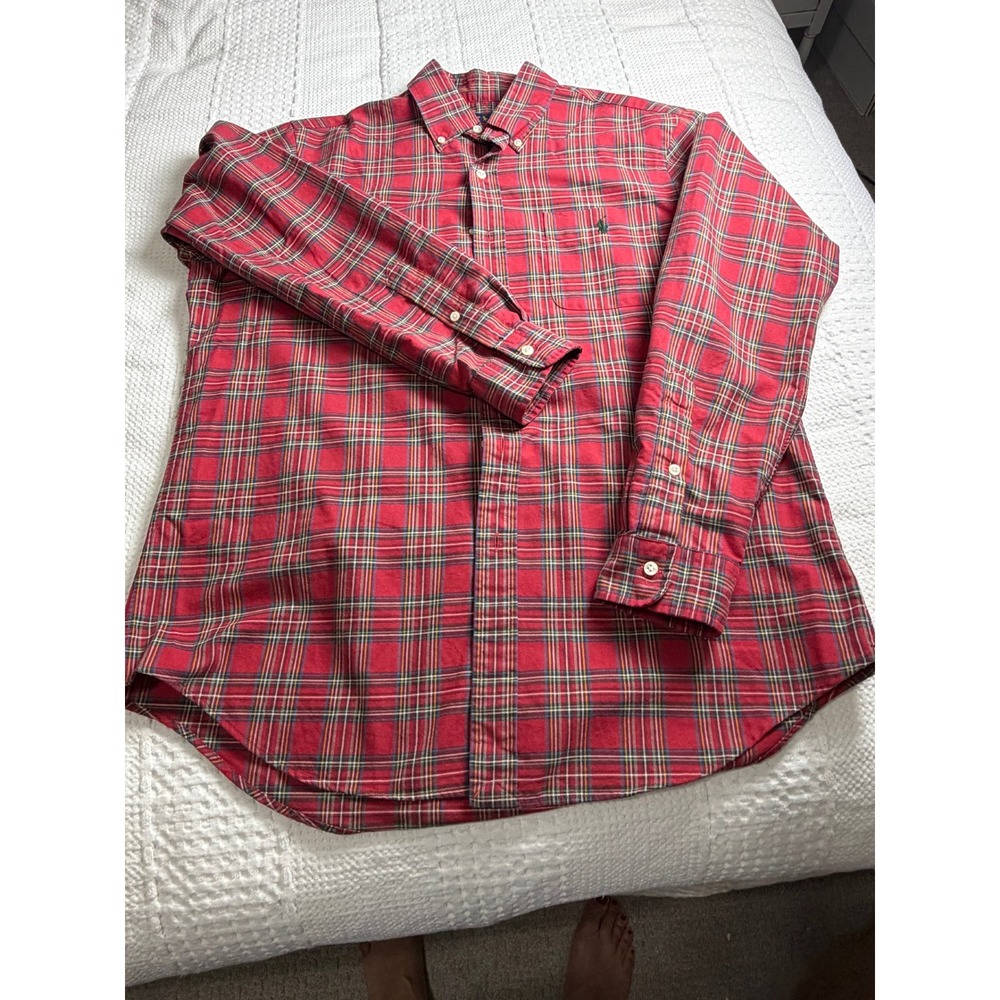 Ralph Lauren Mens Large Red Tartan Plaid Cotton Button Down Fall Preppy Corpcore
